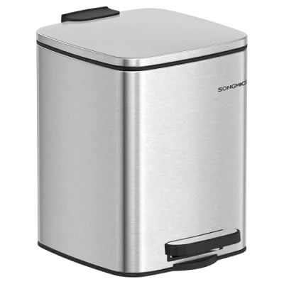 Abbildung von SONGMICS Kosmetikeimer, 6 Liter, Mülleimer Bad, kleiner Abfalleimer, Tretmülleimer, mit Pedal, für kleine Räume, Deckel, Softclose, Stahl, metallicsilber LTB590E02