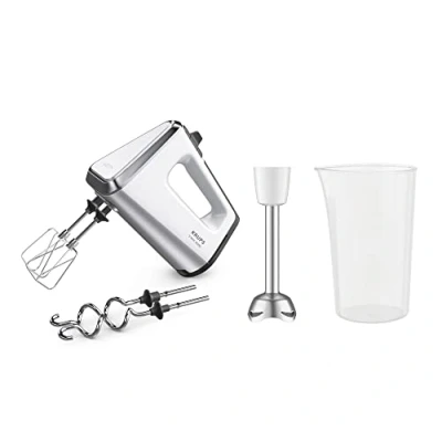 Abbildung von Krups GN9121 3 Mix 9000 Handmixer 750 Watt Geschwindigkeitsregler Turbomodus Auswurffunktion ergonomischer Griff inkl. Schneebesen, Knethaken, Pürierstab Aufsatz, Messbecher Weiß/Silber