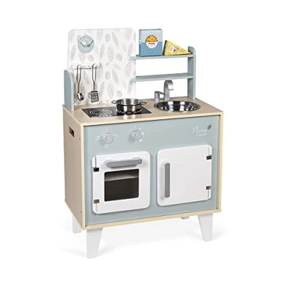 Abbildung von Janod Küche ‘Plume’ Kinderküche aus Holz mit Backofen, Edelstahlspüle, Schrank, Induktionskochplatten und Uhr Spielküche 5 Zubehörteilen Ab 3 Jahren, J06608, 53 x 30 78 cm