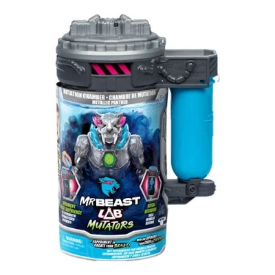 Abbildung von MrBeast Lab Mutators; Mutiere das ultimative Biest. Experimentiere und erschaffe die Metallic Panther Actionfigur von MrBeast. 3 zum Sammeln, Iconic Panther, Stealth