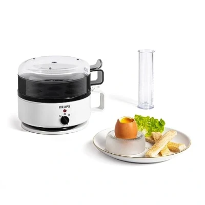 Abbildung von Krups Ovomat Super Eierkocher, Für bis zu 7 Eier, Koch und Warmhaltefunktion, Inkl. Wasser Messbecher mit Eierstecher, Signalton, BPA frei, EG230115, Weiß/Schwarz