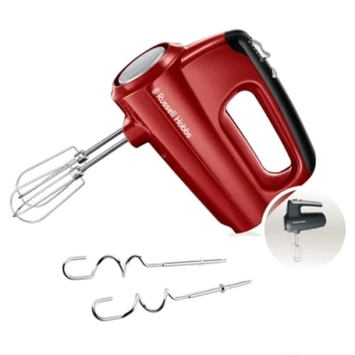 Abbildung von Russell Hobbs Handmixer [Handrührgerät] Desire Rot (5 Geschwindigkeitsstufen+Turbofunktion, 2 spülmaschinengeeignete Rührbesen &amp; Knethaken, Auswurftaste, aufrechte Parkposition) Handrührer 24670 56