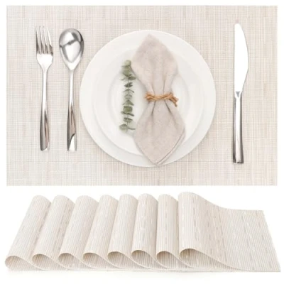 Abbildung von Myir JUN Tischsets Abwaschbar 8er Set, Gewebte Platzdeckchen rutschfest Abgrifffeste Hitzebeständig, Vinyl Platzsets für küche Speisetisch Hotel, Platz Matten 30x45cm (Beige)