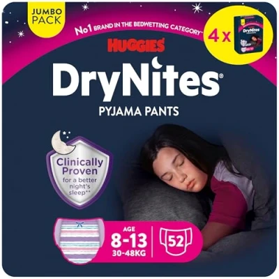 Abbildung von Huggies DryNites hochabsorbierende Nachtwindeln bei Bettnässen, für Mädchen 8 13 Jahre (30 48 kg), 52 St. (4 x 13), Jumbo Monatspack, Windel Pants