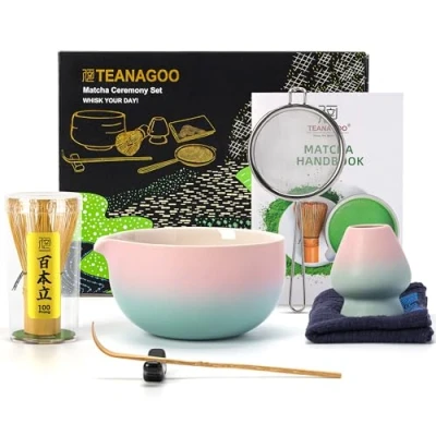Abbildung von TEANAGOO Japanisches Tee Set (7tlg.) Matcha Besen Schale mit Ausgießer Bambus (chasen) Schaufel (chashaku) Halter Teezubereitungsset. N11, Grüner Farbverlauf Rosa
