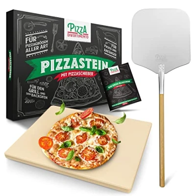 Abbildung von Pizza Divertimento DAS ORIGINAL Pizzastein Für Backofen &amp; Gasgrill Vergleich.org ausgezeichnet Stein aus Cordierit bis 900 C knusprigen Boden saftigen Belag Inkl. e Rezeptbuch