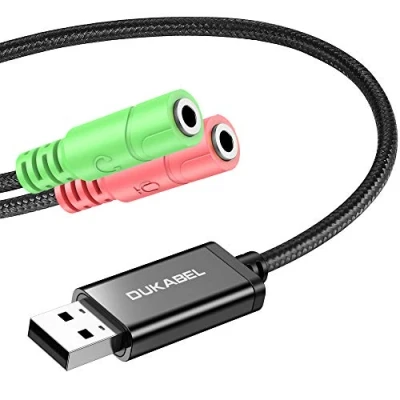 Abbildung von DuKabel Externe USB Soundkarte Adapter für Computer, Laptop und PS4, auf 2 x 3.5mm Buchse Aux Audio Konverter Kabel Kopfhörer, Lautsprecher 3 Pole TRS Mikrofon Schwarz