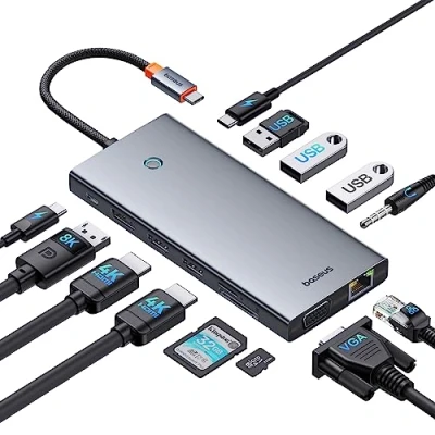 Abbildung von Baseus USB C Docking Station 3 Monitore, 13 in 1 Hub mit 2 HDMI 4K@60Hz, DisplayPort 4K@120Hz, VGA, 3.1 10 Gbps Datenübertragung, PD 100W und Ethernet für Dell/HP/Lenovo/Surface Laptop