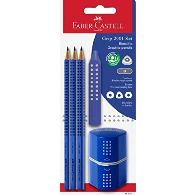 Abbildung von FABER CASTELL 580023 Bleistifte Set Grip 2001, 5 teilig mit 3 Bleistiften, Radiergummi und Spitzer, blau