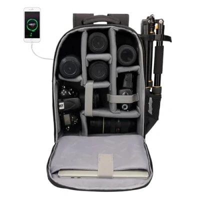 Abbildung von CADeN Kamerarucksack Camera Backpack Wasserabweisend Kameratasche Fototasche Kompatibel mit Sony Canon Nikon und 1 DSLR/SLR 7 Objektiv Stativ Zubehör (Schwarz L)