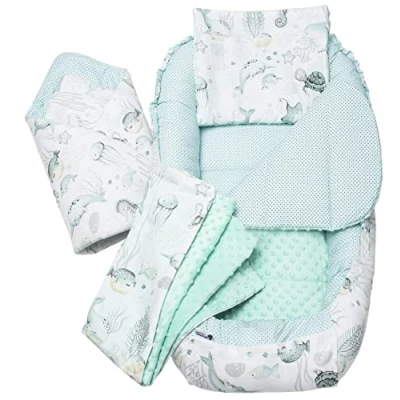 Abbildung von Medi Partners 5 teilig Babynestchen Set Babynest 100x60x15 herausnehmbarer Einsatz Bett Kuschelnest Krabbeldecke Babys Neugeborene 100% Baumwolle (Ozean mit Minze Minky)