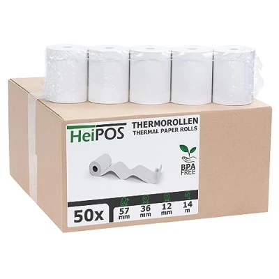Abbildung von HeiGroup HeiPOS 50x Thermorollen BPA frei (B/Ø) 57mm / 36mm Länge 14m, Kern Ø 12mm, Flächengewicht 52 g/m2, Dicke 60 µm, 10 Jahre Haltbarkeit