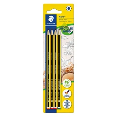 Abbildung von STAEDTLER Bleistift Noris 120, Made from Upcycled Wood, Rutschfeste Soft Oberfläche, hohe Buchfestigkeit, Qualität in Germany, Blisterkarte mit 4 Stück (2 x HB, je 1 B, 2H), 120 S BK4D