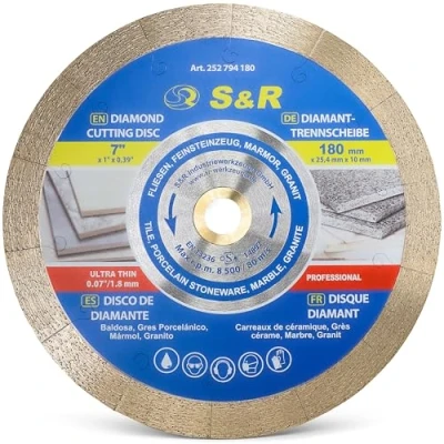 Abbildung von S&amp;R Diamanttrennscheibe 180 x 25,4 10 mm, extra dünn, Trennscheibe für sauberes Trennen von Fliesen, Porzellan, Keramik, Feinsteinzeug, Granit, Marmor, Tischsäge, Fliesenschneidmaschine