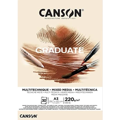 Abbildung von CANSON Graduate, Mixed Media Papier, zweiseitig: gekörnt und glatt, 220 g/m², an der kurzen Seite geleimter Block, DIN A4 21x29,7 cm, Grau, 30 Blatt