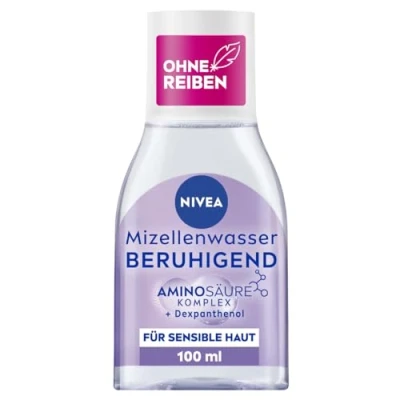 Abbildung von NIVEA Beruhigendes Mizellenwasser, Mizellen Reinigungswasser für sensible Haut, parfümfreies Gesichtswasser mit Dexpanthenol und Aminosäurekomplex, feuchtigkeitsspendende Gesichtsreinigung (100 ml)