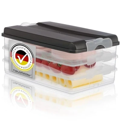 Abbildung von Hausfelder Kühlschrank Aufschnitt Box für Wurst und Käse, Aufschnittdosen mit Deckel stapelbar, 3 Frischhaltedosen Wurstbox (3 Anthrazit Stapeldosen: 3x flach)