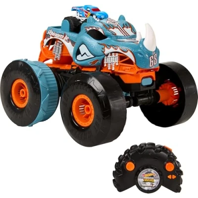 Abbildung von Hot Wheels Monster Trucks Ferngesteuertes Auto, umbaubarer Rhinomite im Maßstab 1:12 mit Race Ace Spielzeugtruck 1:64, lässt Sich in einen Starter umbauen, HPK27