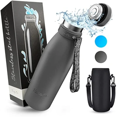 Abbildung von Vezato Trinkflasche Edelstahl BPA freie Isolierflasche 500 ml Auslaufsichere Wasserflasche mit doppelter Isolierung Thermosflasche spülmaschinenfest Für Kohlensäure geeignet Nachhaltig