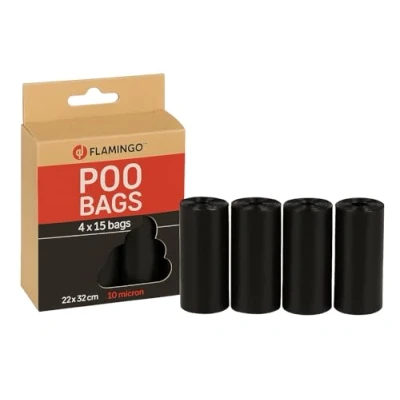 Abbildung von Kotbeutel für Hunde Extra stark &amp; langlebig 60 Stück biologisch abbaubar Schwarz 22x32 cm Flamingo