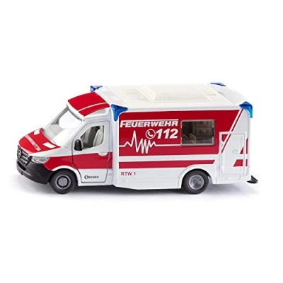 Abbildung von Siku 2115, Mercedes Benz Sprinter Miesen Typ C Rettungswagen, 1:50, Metall/Kunststoff, Rot/Weiß, Abnehmbares Dach, Inkl. Trage und Spineboard