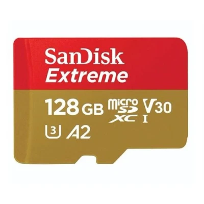 Abbildung von SanDisk Extreme microSDXC UHS I Speicherkarte 128 GB für Actioncams und Drohnen + Adapter RescuePRO Deluxe (bis zu 190 MB/s, A2, Class 10, U3, V30)