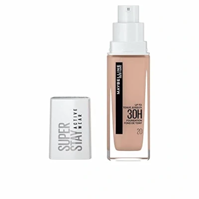Abbildung von Maybelline New York Wasserfestes Make up, Foundation mit hoher Deckkraft, Langanhaltendes Gesichts Super Stay Active Wear, Farbe: Nr. 20 Cameo (Hell), 1 x 30 ml
