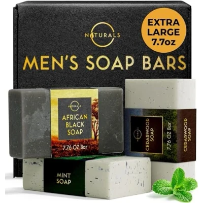 Abbildung von O Naturals Seife für Männer 3 Stück Natürliche Herrenseife Körperseife Männerseife Bio Peeling Afrikanische Schwarze, Zedernholz, Minze
