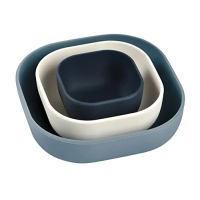 Abbildung von BÉABA, 3er Set stapelbare Silikonschalen, Baby Mahlzeiten Set, Kinder Silikon Geschirr stapelbar, skalierbar, ergonomisch, gesundes Silikonmaterial, langlebig (Nachtblau/Cotton/Baltisches Blau)