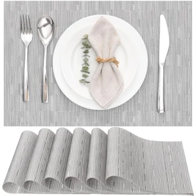 Abbildung von Myir JUN Tischsets Abwaschbar 6er Set, Gewebte Platzdeckchen rutschfest Abgrifffeste Hitzebeständig, Vinyl Platzsets für küche Speisetisch Hotel, Platz Matten 30x45cm (Silber)