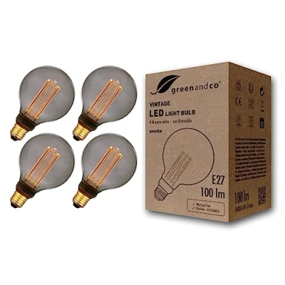 Abbildung von greenandco 4x Vintage Design LED Lampe zur Stimmungsbeleuchtung E27 G95 Edison Glühbirne 4W 100lm 1800K smoke extra warmweiß 320 230V flimmerfrei, nicht dimmbar, 2 Jahre Garantie
