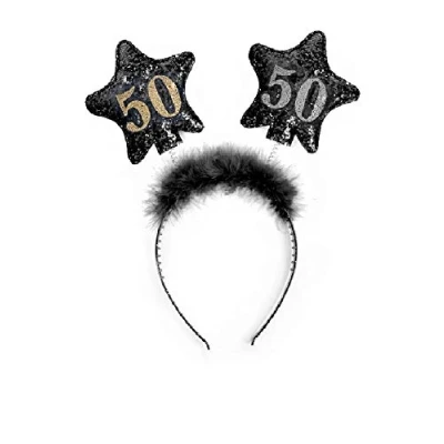Abbildung von PartyDeco Stirnband mit Sternen und gedruckten Zahlen 50 Schwarz Fell Haarband für 50. Geburtstag Runde Gadgets Geburtstagsgeschenk Haarschmuck