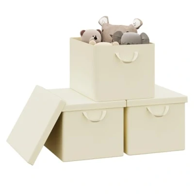 Abbildung von WOLTU Aufbewahrungsbox mit Deckel, 3er Set, faltbare Stoffbox Griffen, Klappbox Organizer Box, Aufbewahrung für Kleidung Spielzeug, Vliesstoff, Creme, 48x30x36 cm