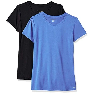Abbildung von Amazon Essentials Damen Kurzärmliges Tech Stretch T Shirt mit Rundhalsausschnitt (in Übergröße erhältlich), 2er Pack, Kräftiges Blau/Schwarz, S