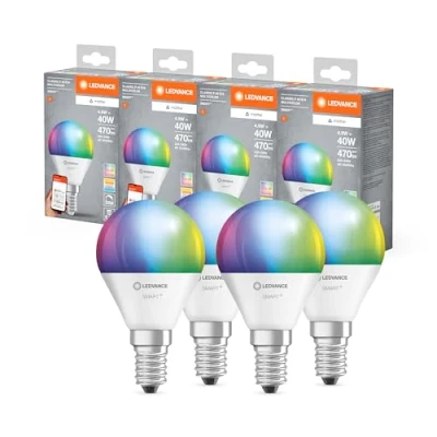 Abbildung von Ledvance SMART+ MATTER LED Lampe, kompatibel mit Google, Alexa, Apple, weiße Frost Optik, 4,9W, 470lm, E14, Farblicht &amp; Weißlicht, App oder Sprachsteuerung, bis zu 20.000 Std. Lebensdauer, 4 Pack