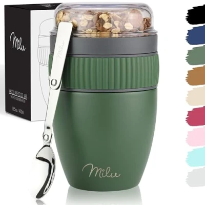 Abbildung von Milu Müslibecher to go 400ml MüsliMax I isolierter Edelstahl Joghurtbecher für Müsli auslaufsicherer Becher mit Löffel Yoghurt/Porridge (Olivegrün)