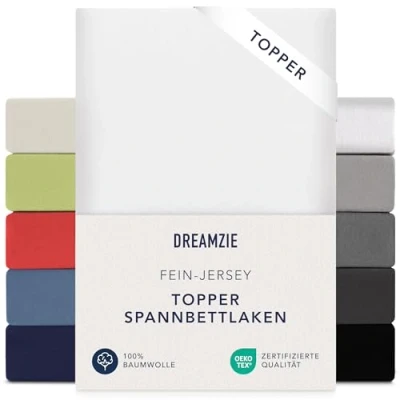 Abbildung von Dreamzie Premium Topper Spannbettlaken 180x200 cm 200x200 extra niedriger Seitenhöhe für Boxspringbett Topperauflage Spannbetttuch Jersey Baumwolle, 150 g/m² Oeko TEX Weiß