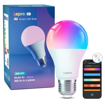 Abbildung von Lepro AI Smart Glühbirne B1, E27 8.5W 806lm Dimmbar, KI Lichtdesign Assistent, Sprachsteuerung/Musik Sync, WiFi &amp; Bluetooth Bulb, Kompatibel mit Alexa/Google Assistant