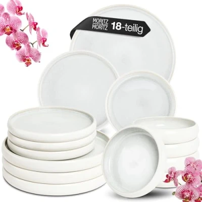 Abbildung von Moritz &amp; SOLID UNI Geschirrset 6 Personen Creme 18 teilig Modernes Steinzeug Geschirr Set Mikrowellen Spülmaschinenfest, Essgeschirr, Tafelservice, Kombiservice