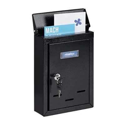 Abbildung von Relaxdays Briefkasten mit Namensschild, Metall, 2 Schlüsseln, Postkasten schmal, HxBxT: 26,5 x 19 6,5 cm, schwarz