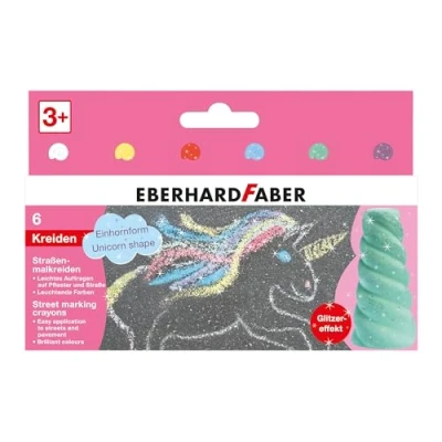 Abbildung von Eberhard Faber 526560 Straßenkreide Glitzer Einhorn, 6 leuchtende Farben Straßenmalkreide mit Glitzereffekt