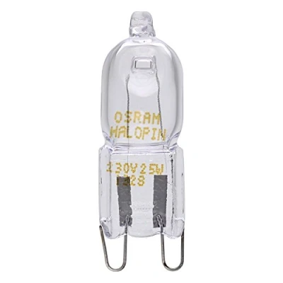 Abbildung von Osram Halopin, Backofen Lampe 230/240 V, 25 W, G9 Halogen, Stiftform, für Öfen und Mikrowellen, geeignet hohe Temperaturen, benutzt von Bosch, Neff, Siemens, Delonghi, Ocean, Fagor, 2 Stück