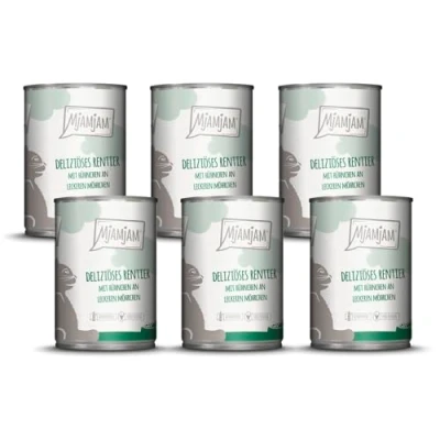 Abbildung von MjAMjAM Premium Nassfutter für Katzen deliziöses Rentier mit Hühnchen an leckeren Möhrchen, 6er Pack (6 x 400 g), getreidefrei extra viel Fleisch