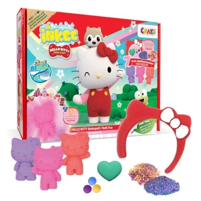 Abbildung von INKEE Geschenkbox Hello Kitty Badeset Kinder 7 Badezusätze für Kinder, Badekugeln &amp; Badesalz mit Jojoba Öl verschiedenen Aromen