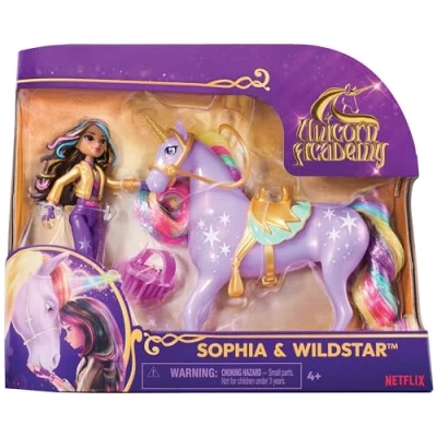 Abbildung von Unicorn Academy Reiterin und Einhorn Set ca. 12 cm, zur beliebten Netflix Serie, mit 2 Accessoires Bürste für kreatives Rollenspiel, Kinder ab 4 Jahren, sortierter Artikel ohne Vorauswahl