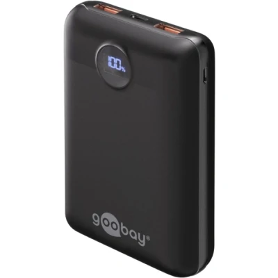 Abbildung von goobay Powerbank kompakt 20.000 mAh, externes Ladegerät, Power Bank geeignet für Smartphone, Kopfhörer, Tablet, DREI Geräte gleichzeitig Laden/inkl. Ladekabel, Schwarz, 65869