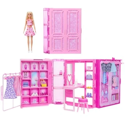 Abbildung von Barbie Traumkleiderschrank Spielzeug, Spielset mit blonder Modepuppe, Moden und Accessoires, knapp 1 m breit mehr als 25 Teilen, 3 vollständige Looks, HXD58