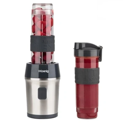 Abbildung von H.Koenig Smoothie Maker SMOO9 Mini Standmixer Blender 300 Watt 570 ml Edelstahl 2 Kunststofflaschen BPA frei, Grau