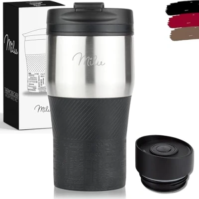 Abbildung von Milu Thermobecher Kaffee to go 300ml 100% Auslaufsicher Isolierbecher, Kaffeebecher, Trinkbecher aus Edelstahl Autobecher doppelwand Isolierung Travel Mug (Schwarz)