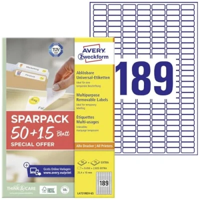 Abbildung von AVERY Zweckform L4731REV 65 Universal Etiketten (9.450 plus 2.835 Klebeetiketten extra, 25,4x10mm auf A4, wieder rückstandsfrei ablösbar/abziehbar, bedruckbar, selbstklebende Aufkleber) Blatt, weiß